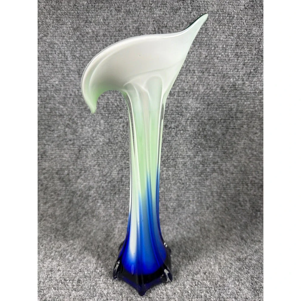 Vintage Art Glass Calla Lily Bud Vase Blue White Green Tri-Color 12 Inch